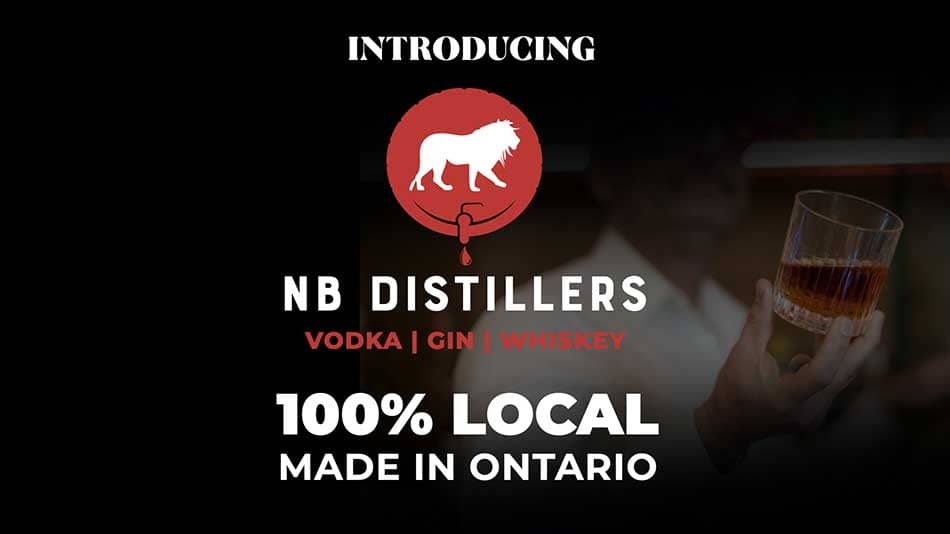 Graphic promoting NB Distillers locally made vodka, gin, and whisky.