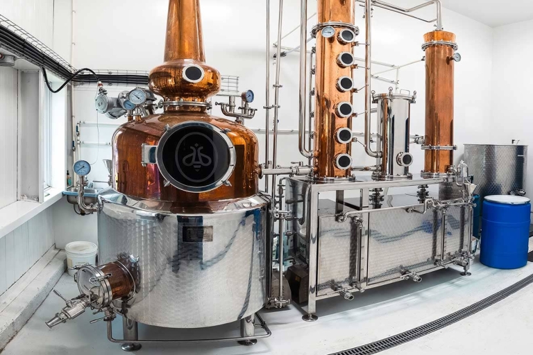 Copper stills at the Miellerie King Distillery.