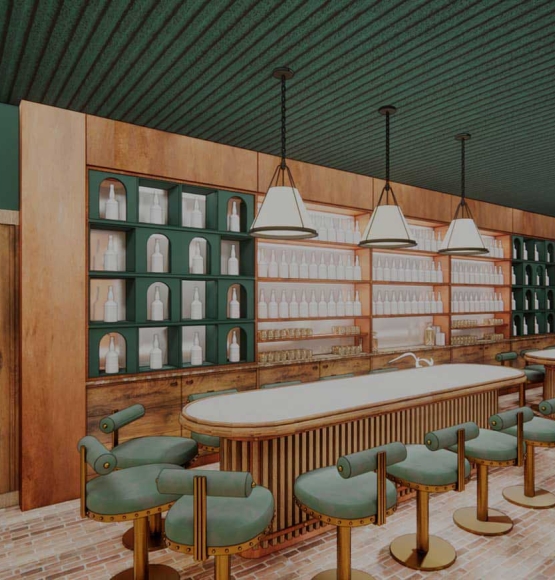 Render of tasting bar at Buffalo Trace Distillery in London, U.K..