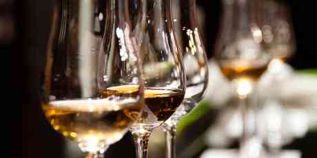 Whisky tasting glasses lined up on a table.
