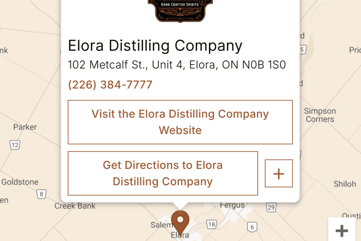 Elora Distilling Company map listing.