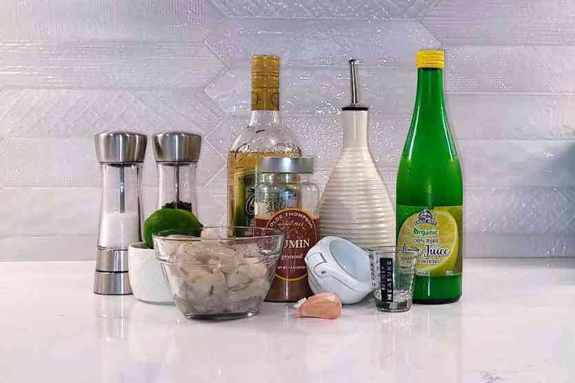 Ingredients for BBQ Tequila Lime Shrimp recipe on a counter.