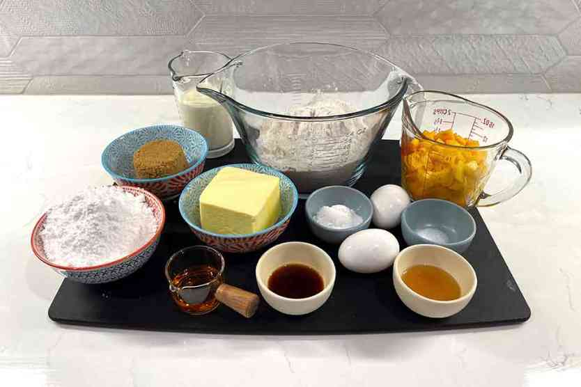 Vanilla peach scones with bourbon glaze ingredients.