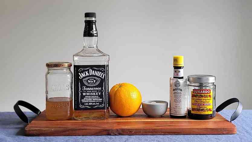 Ingredients for a Browned-Butter Old Fashioned.
