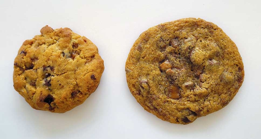 Two bourbon brown butter chocolate chip toffee cookies made with different amounts of flour